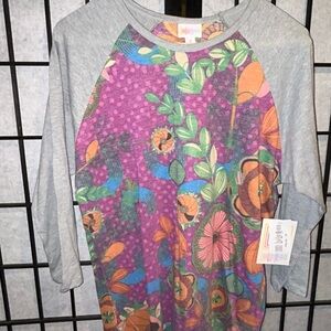 LuLaRoe Gray and Purple Long Sleeve Tee with Vibrant Design NWT